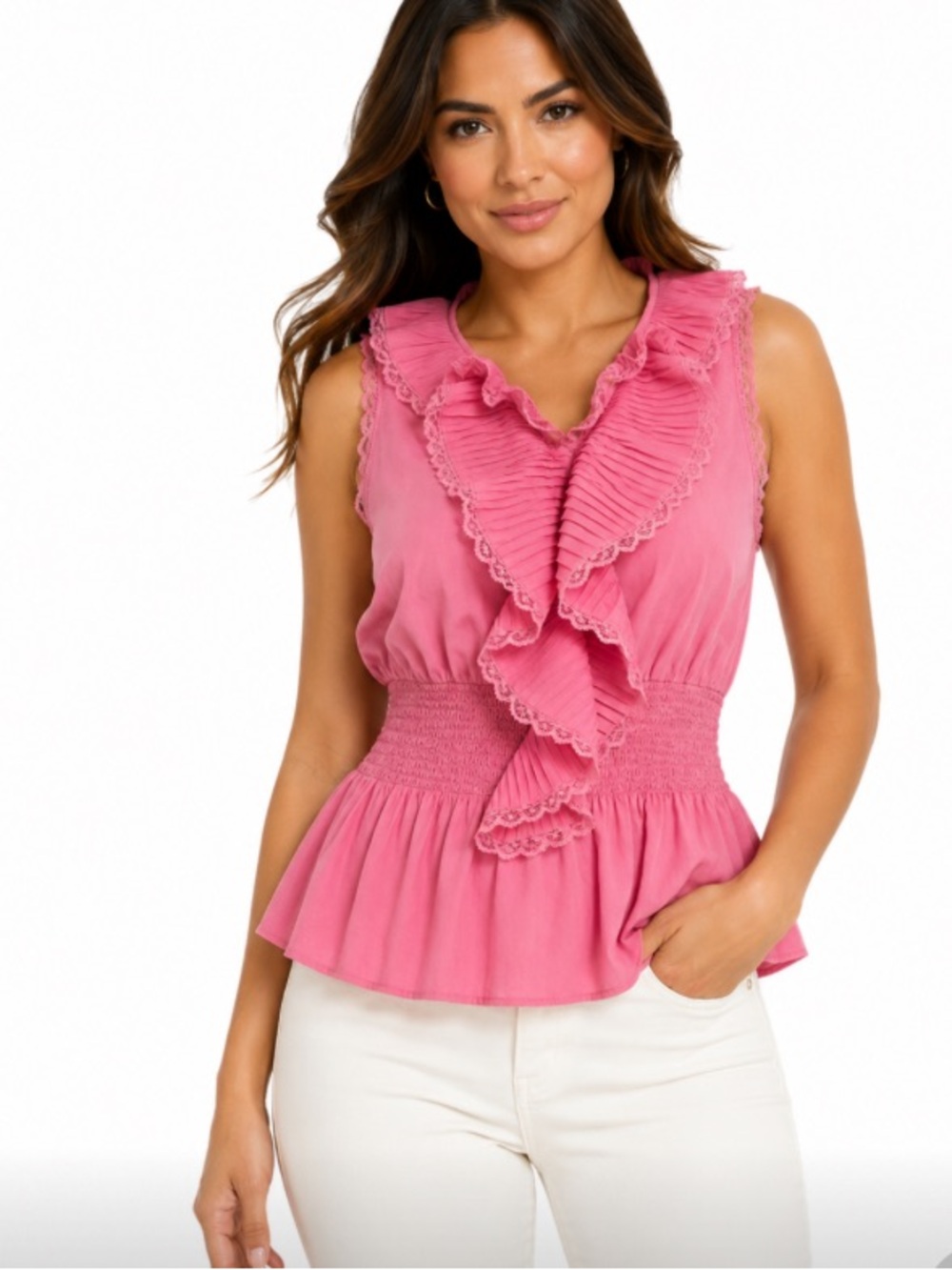 Pink Ruffled Top Womens XL Smocked Waist